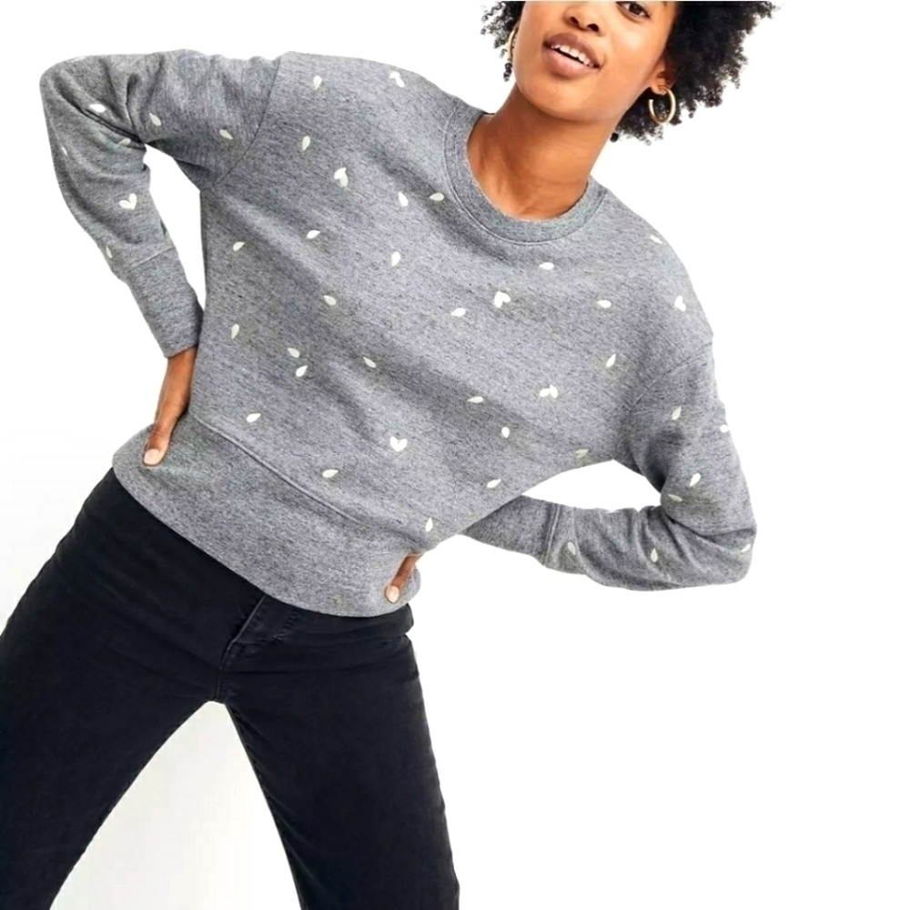 Madewell WOMEN'S GRAY PETAL HEARTS EMBROIDERED LONG SLEEVE SWEATSHIRT, S…